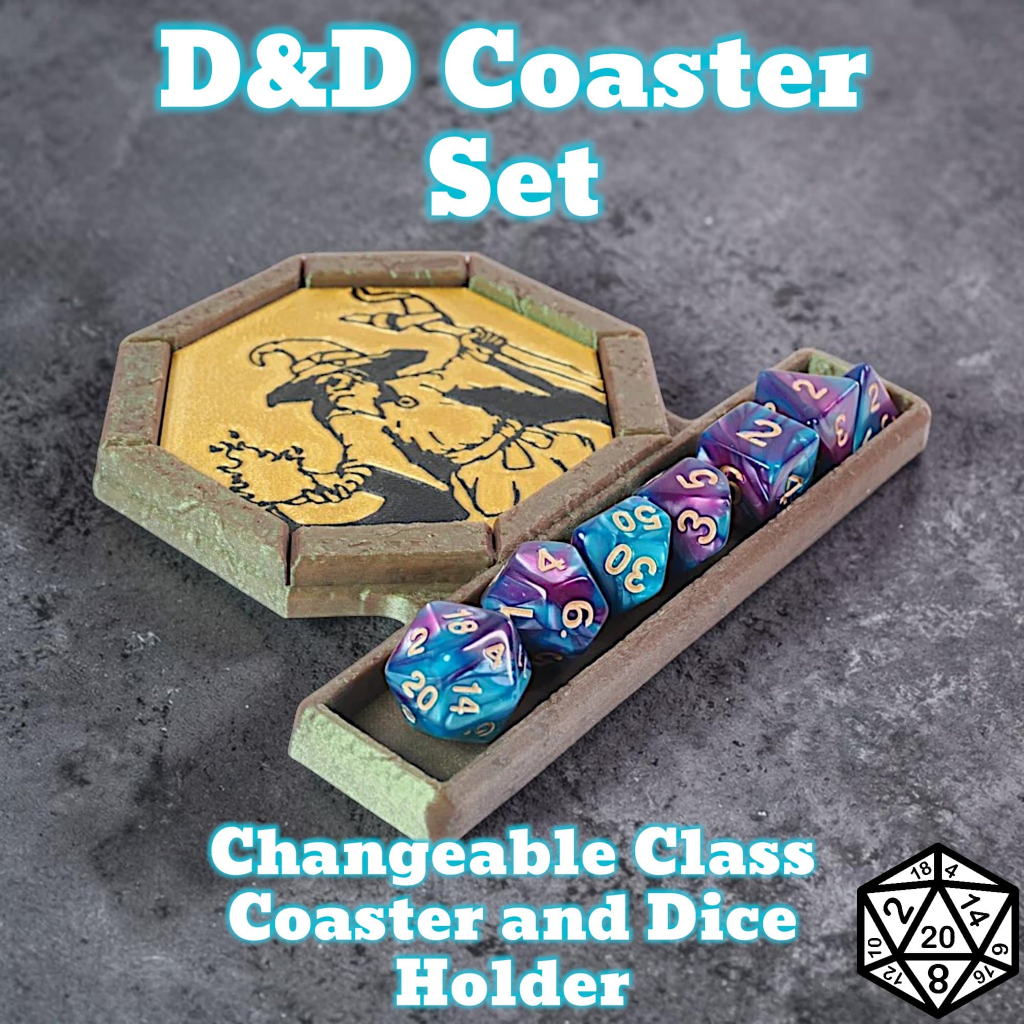 Dungeons and Dragons Coaster set with Dice Tray, 6 Class Inserts, D&D, tabletop gaming