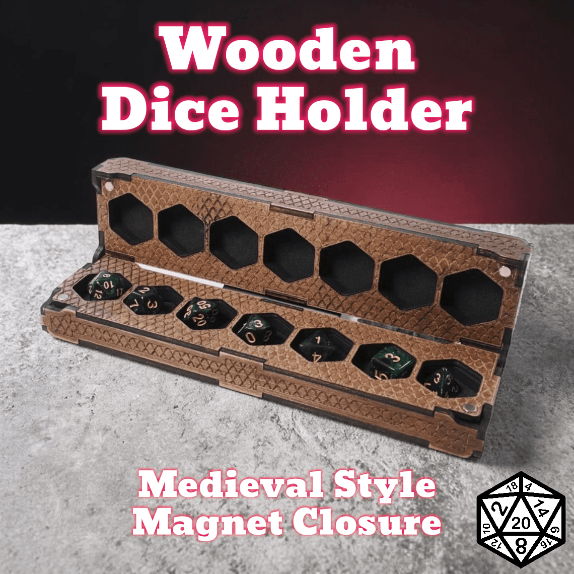 Wooden Dice Storage Box: Dragon Scale D&D
